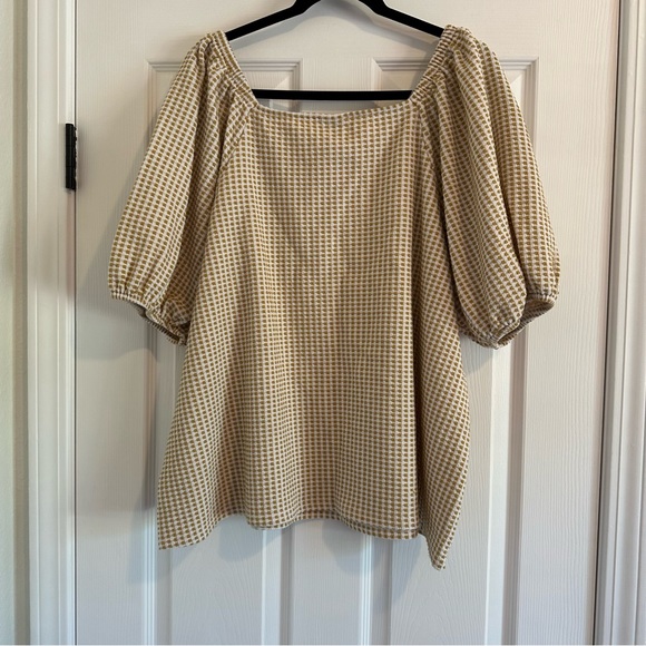 Women’s Top Size 3X White and Gold Camel Checkered Balloon Sleeves AVA &VIV - Picture 2 of 9